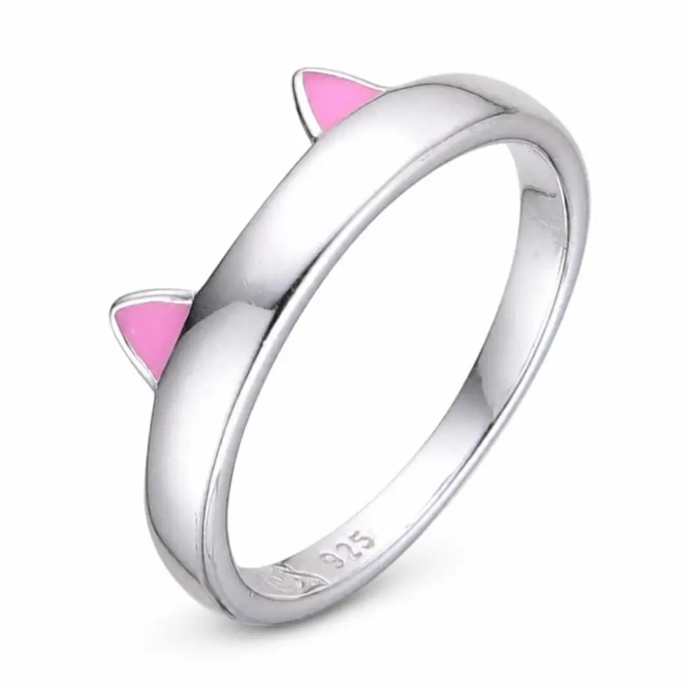 Anillo de Gato en Plata 925 con Orejas Rosas | Joya Minimalista